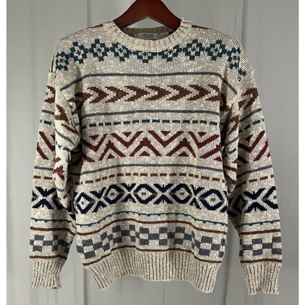 VTG I. Magnin Sweater Linen Cotton Blend Grandpacore Tan Pattern Men’s Sz L